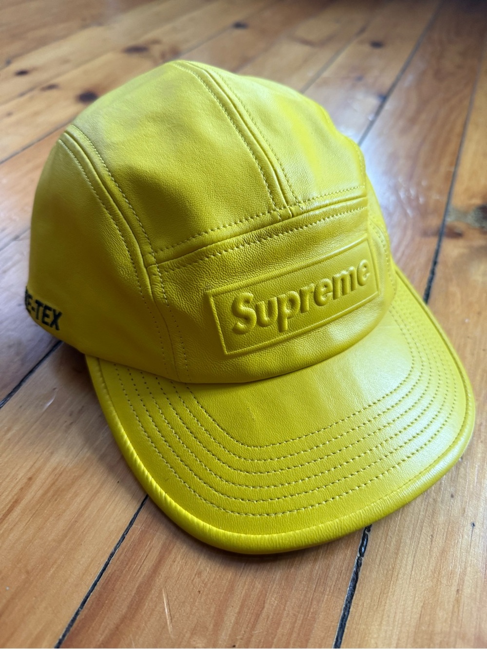 Supreme Canary Yellow Goretex Leather Camp Cap SS22 NWT Rare Embossed